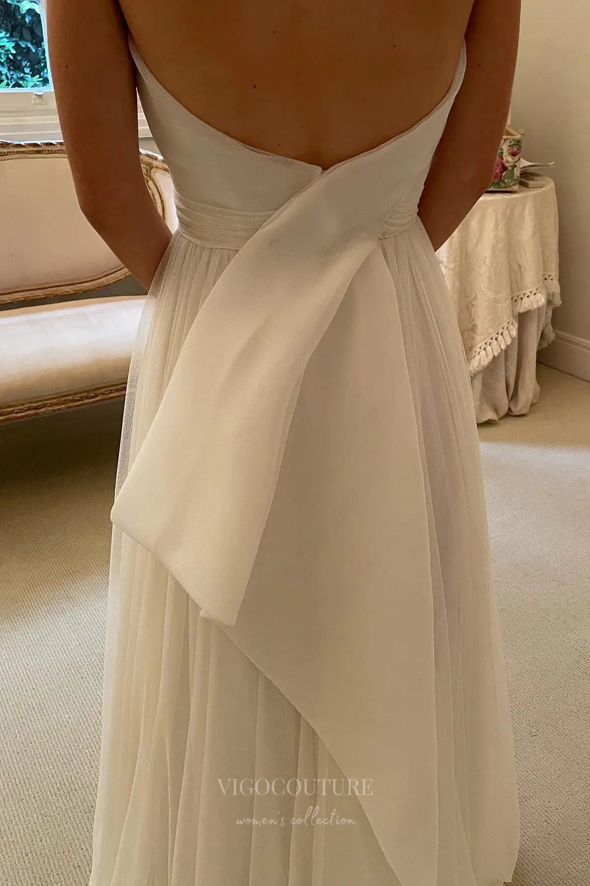 Wedding Dresses 2025 to impress Ivory Georgette A-Line Wedding Dress with Pleated Sweetheart Bodice and Back Bow – W2323-vigocouture-vigocouture