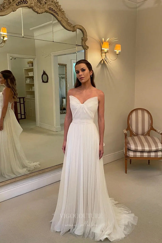 Ivory Georgette A-Line Wedding Dress with Pleated Sweetheart Bodice and Back Bow – W2323