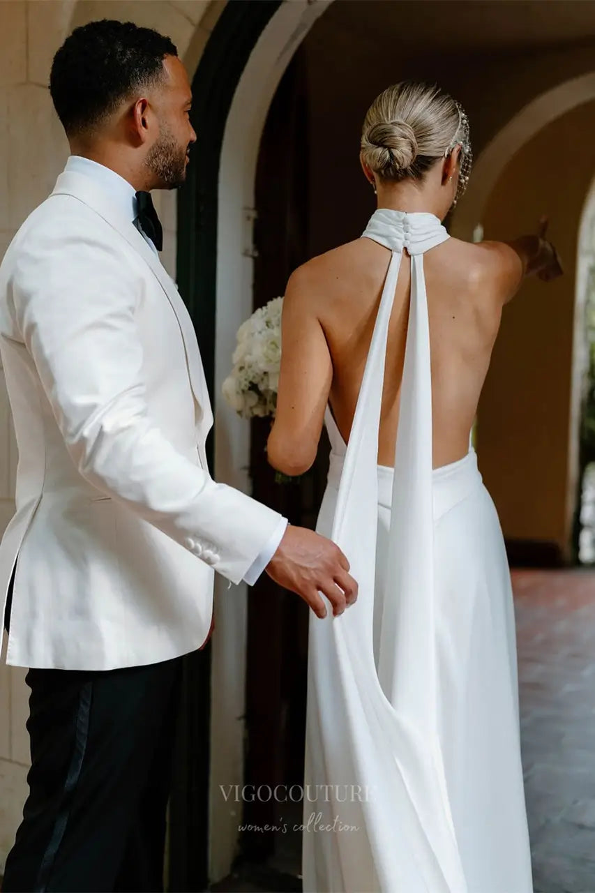 Wedding Dresses 2025 to impress Ivory Halter Crepe Wedding Dress with Plunging Neckline, Open Back, Flowing Chapel Train – W2301-vigocouture-vigocouture
