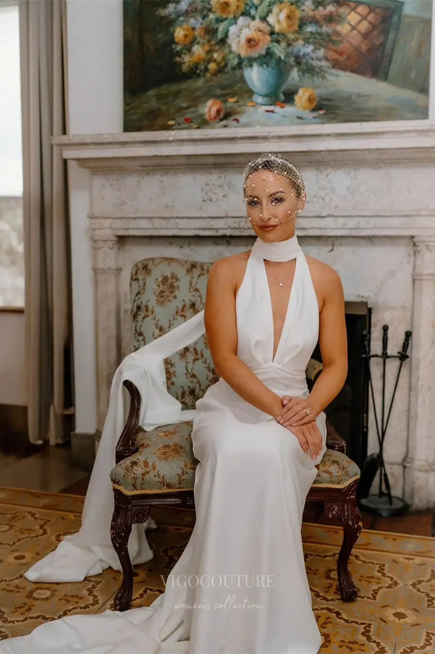 Wedding Dresses 2025 to impress Ivory Halter Crepe Wedding Dress with Plunging Neckline, Open Back, Flowing Chapel Train – W2301-vigocouture-vigocouture