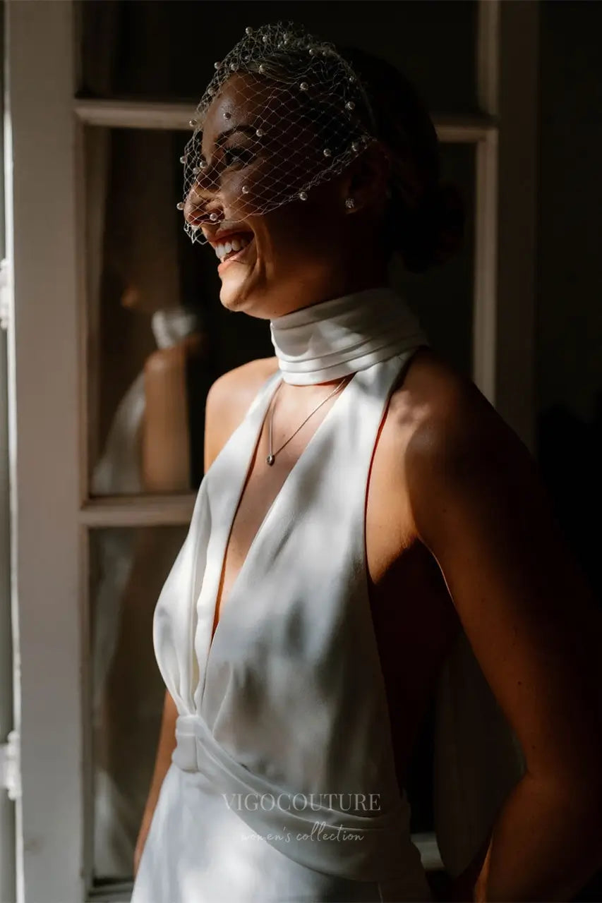 Wedding Dresses 2025 to impress Ivory Halter Crepe Wedding Dress with Plunging Neckline, Open Back, Flowing Chapel Train – W2301-vigocouture-vigocouture