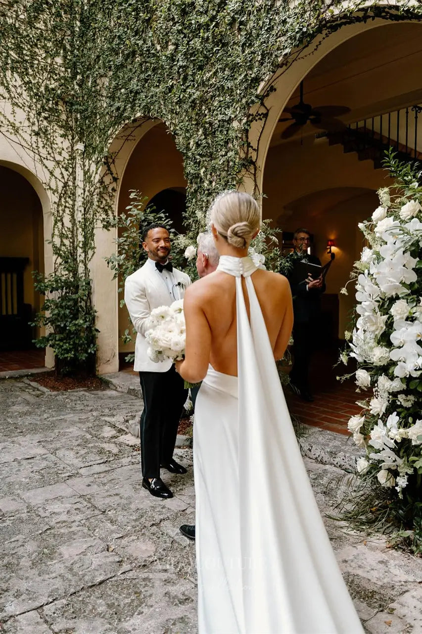 Wedding Dresses 2025 to impress Ivory Halter Crepe Wedding Dress with Plunging Neckline, Open Back, Flowing Chapel Train – W2301-vigocouture-vigocouture