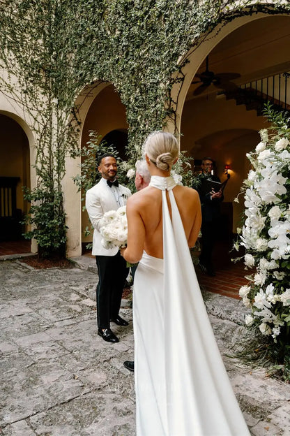 Wedding Dresses 2025 to impress Ivory Halter Crepe Wedding Dress with Plunging Neckline, Open Back, Flowing Chapel Train – W2301-vigocouture-vigocouture