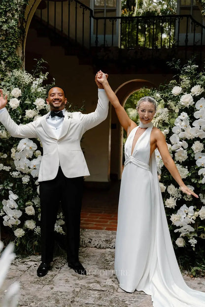 Ivory Halter Crepe Wedding Dress with Plunging Neckline, Open Back, Flowing Chapel Train – W2301