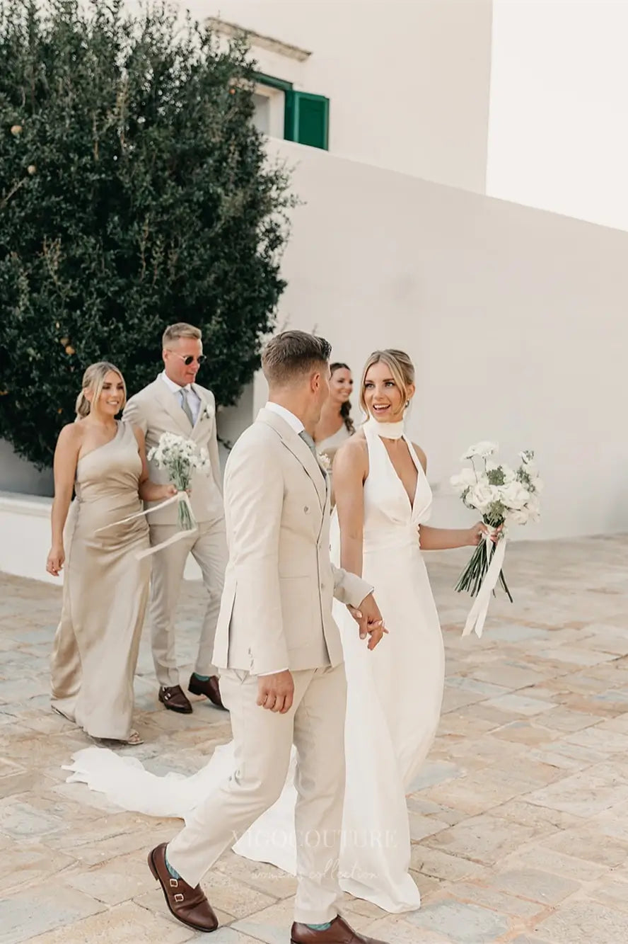 Wedding Dresses 2025 to impress Ivory Halter Neck Crepe Sheath Wedding Dress with Plunging V-Neckline, Backless Design & Chapel Train – W2298-vigocouture-vigocouture