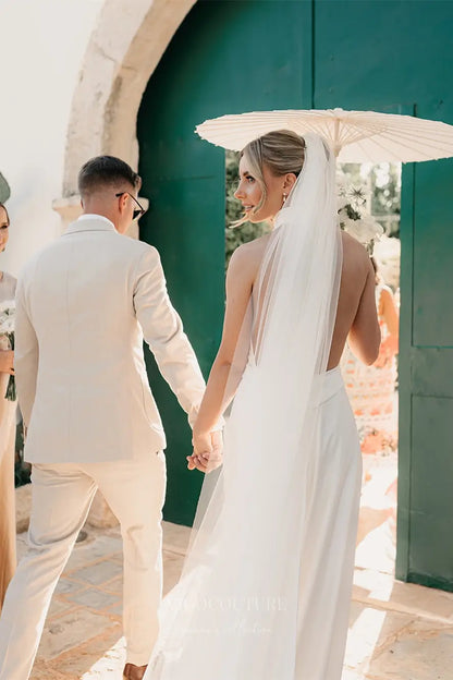 Wedding Dresses 2025 to impress Ivory Halter Neck Crepe Sheath Wedding Dress with Plunging V-Neckline, Backless Design & Chapel Train – W2298-vigocouture-vigocouture