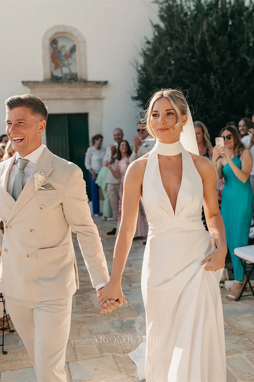 Wedding Dresses 2025 to impress Ivory Halter Neck Crepe Sheath Wedding Dress with Plunging V-Neckline, Backless Design & Chapel Train – W2298-vigocouture-vigocouture