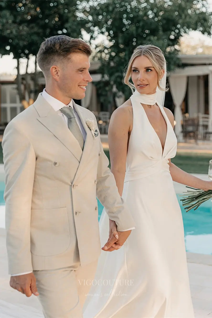 Ivory Halter Crepe Sheath Wedding Dress with V-Neck & Chapel Train  W2298   vigocouture