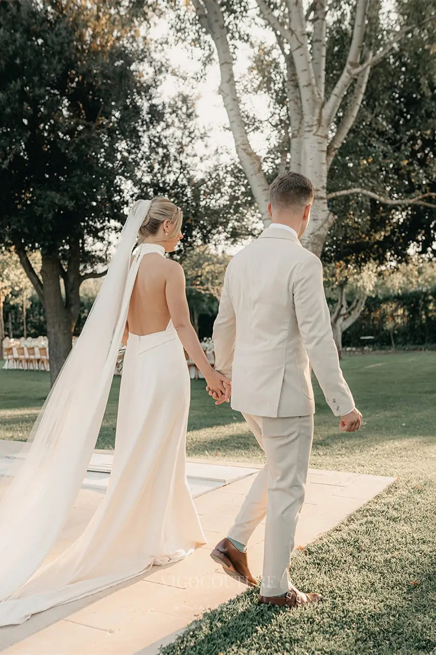 Wedding Dresses 2025 to impress Ivory Halter Neck Crepe Sheath Wedding Dress with Plunging V-Neckline, Backless Design & Chapel Train – W2298-vigocouture-vigocouture