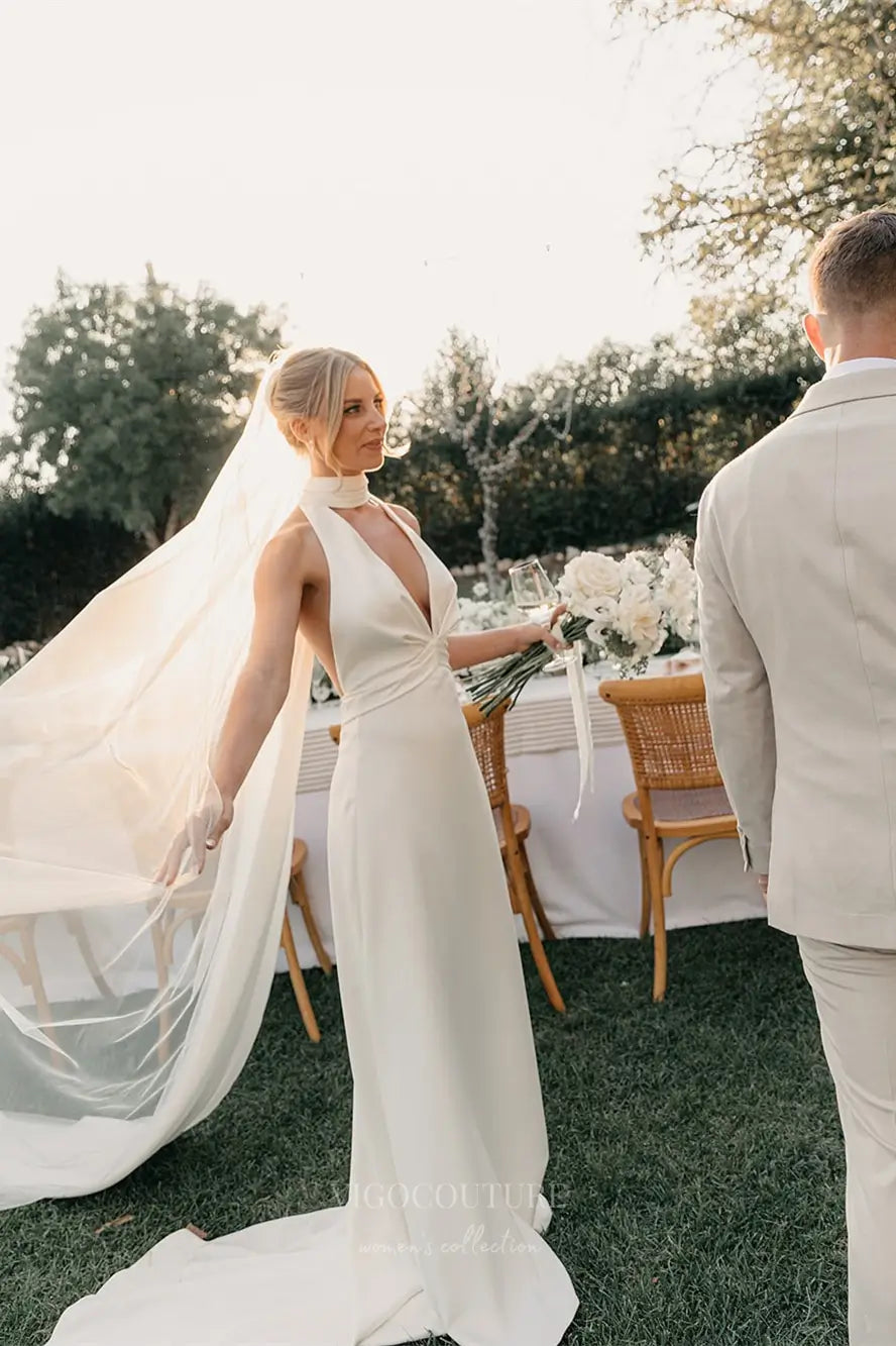 Wedding Dresses 2025 to impress Ivory Halter Neck Crepe Sheath Wedding Dress with Plunging V-Neckline, Backless Design & Chapel Train – W2298-vigocouture-vigocouture