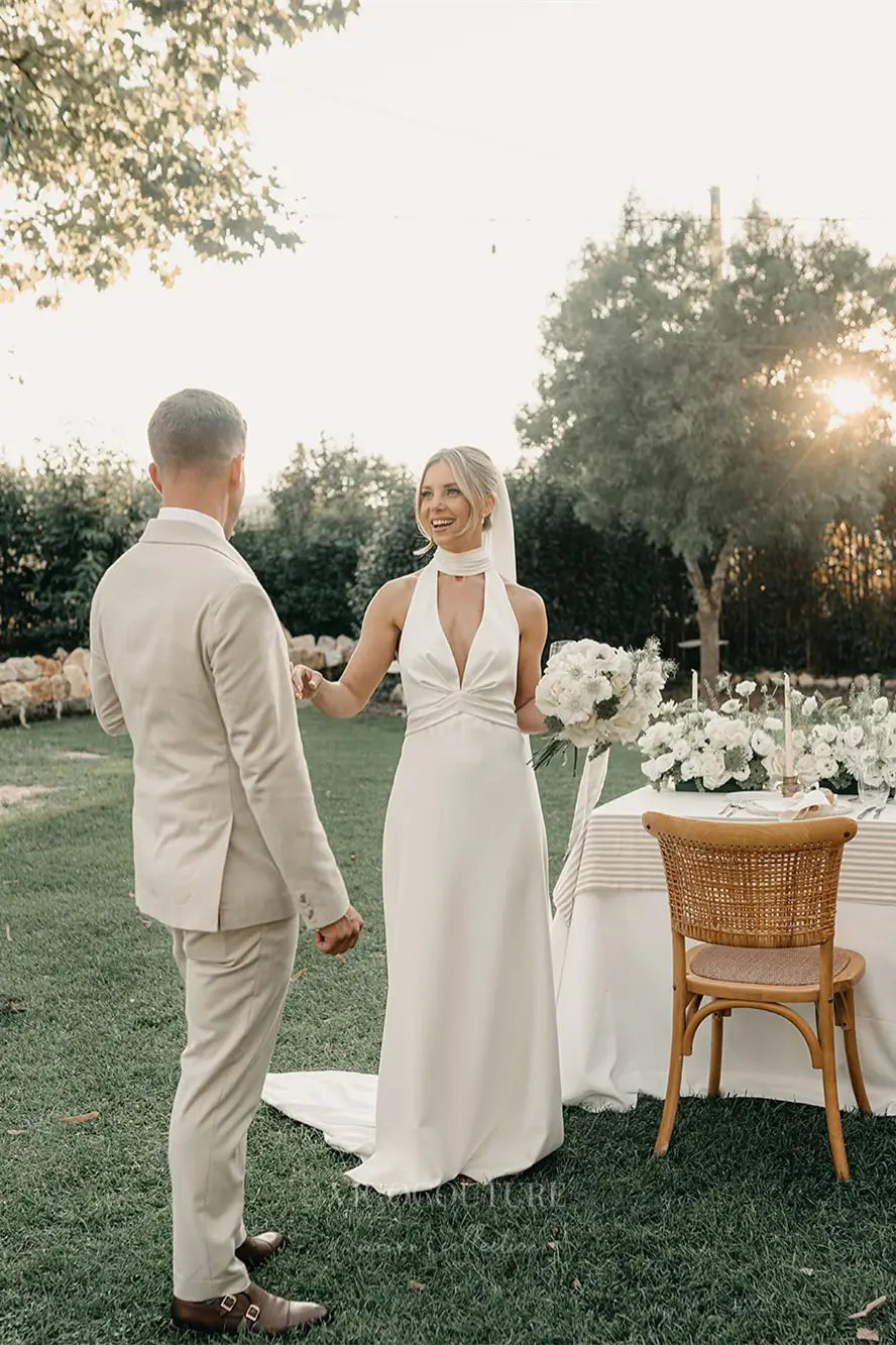 Wedding Dresses 2025 to impress Ivory Halter Neck Crepe Sheath Wedding Dress with Plunging V-Neckline, Backless Design & Chapel Train – W2298-vigocouture-vigocouture