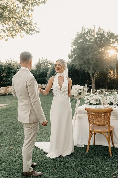 Wedding Dresses 2025 to impress Ivory Halter Neck Crepe Sheath Wedding Dress with Plunging V-Neckline, Backless Design & Chapel Train – W2298-vigocouture-vigocouture