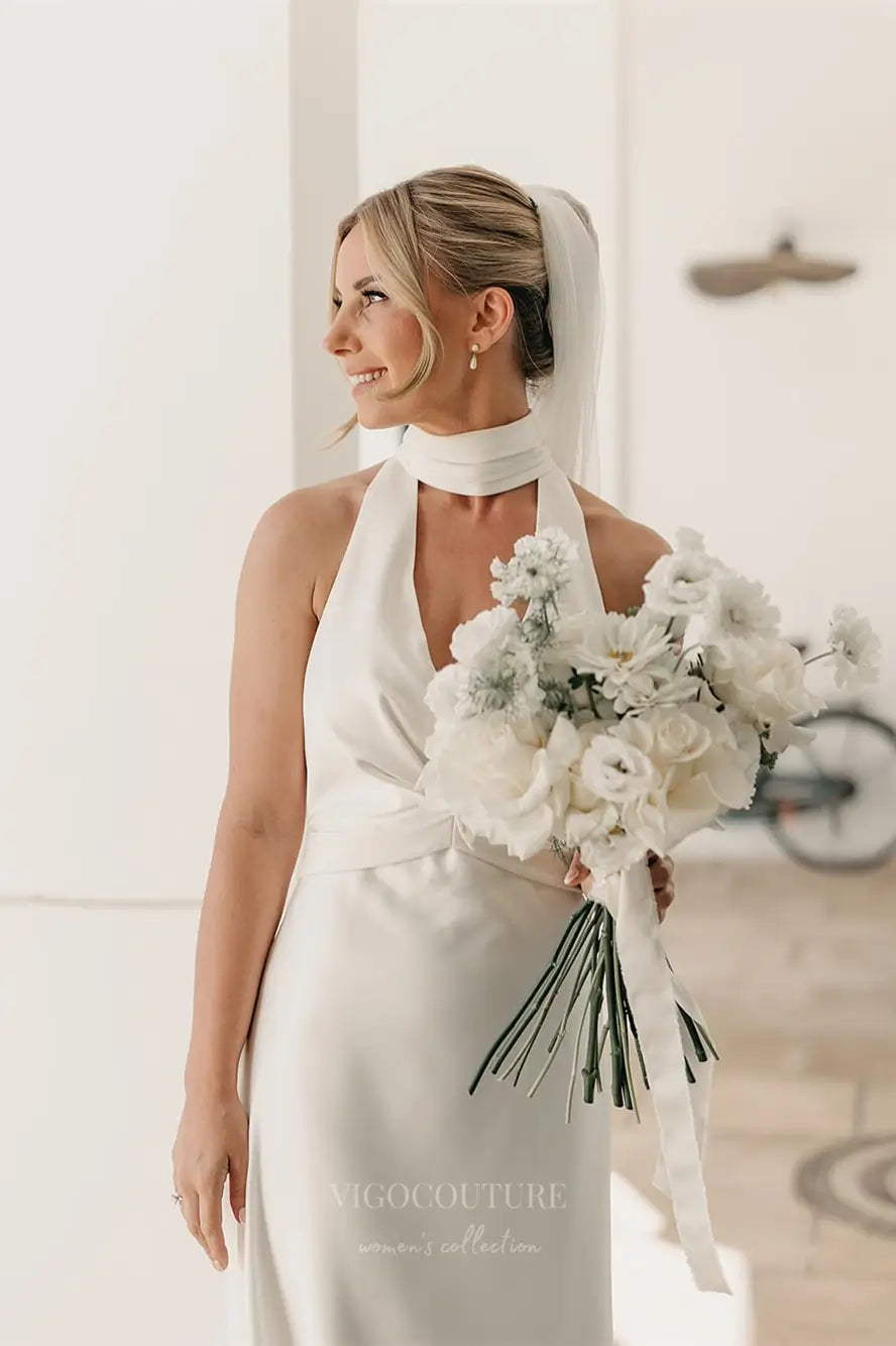 Wedding Dresses 2025 to impress Ivory Halter Neck Crepe Sheath Wedding Dress with Plunging V-Neckline, Backless Design & Chapel Train – W2298-vigocouture-vigocouture