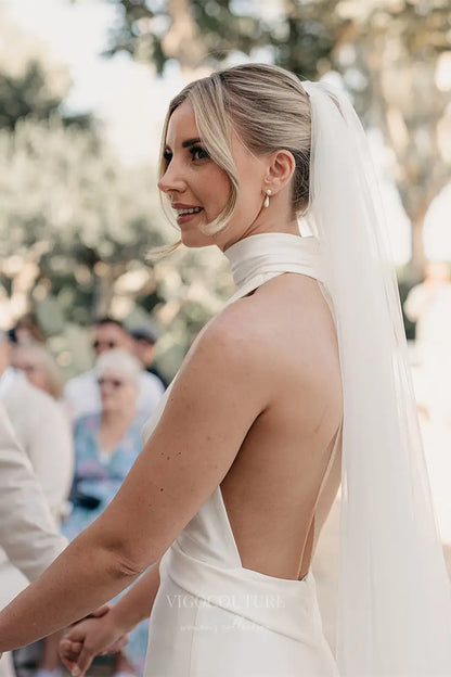 Wedding Dresses 2025 to impress Ivory Halter Neck Crepe Sheath Wedding Dress with Plunging V-Neckline, Backless Design & Chapel Train – W2298-vigocouture-vigocouture