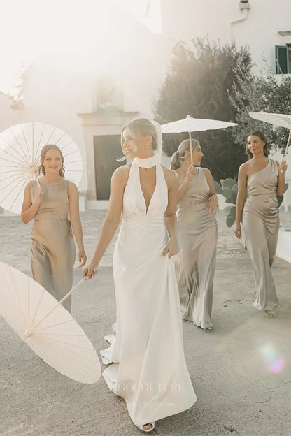 Ivory Halter Neck Crepe Sheath Wedding Dress with Plunging V-Neckline, Backless Design & Chapel Train – W2298