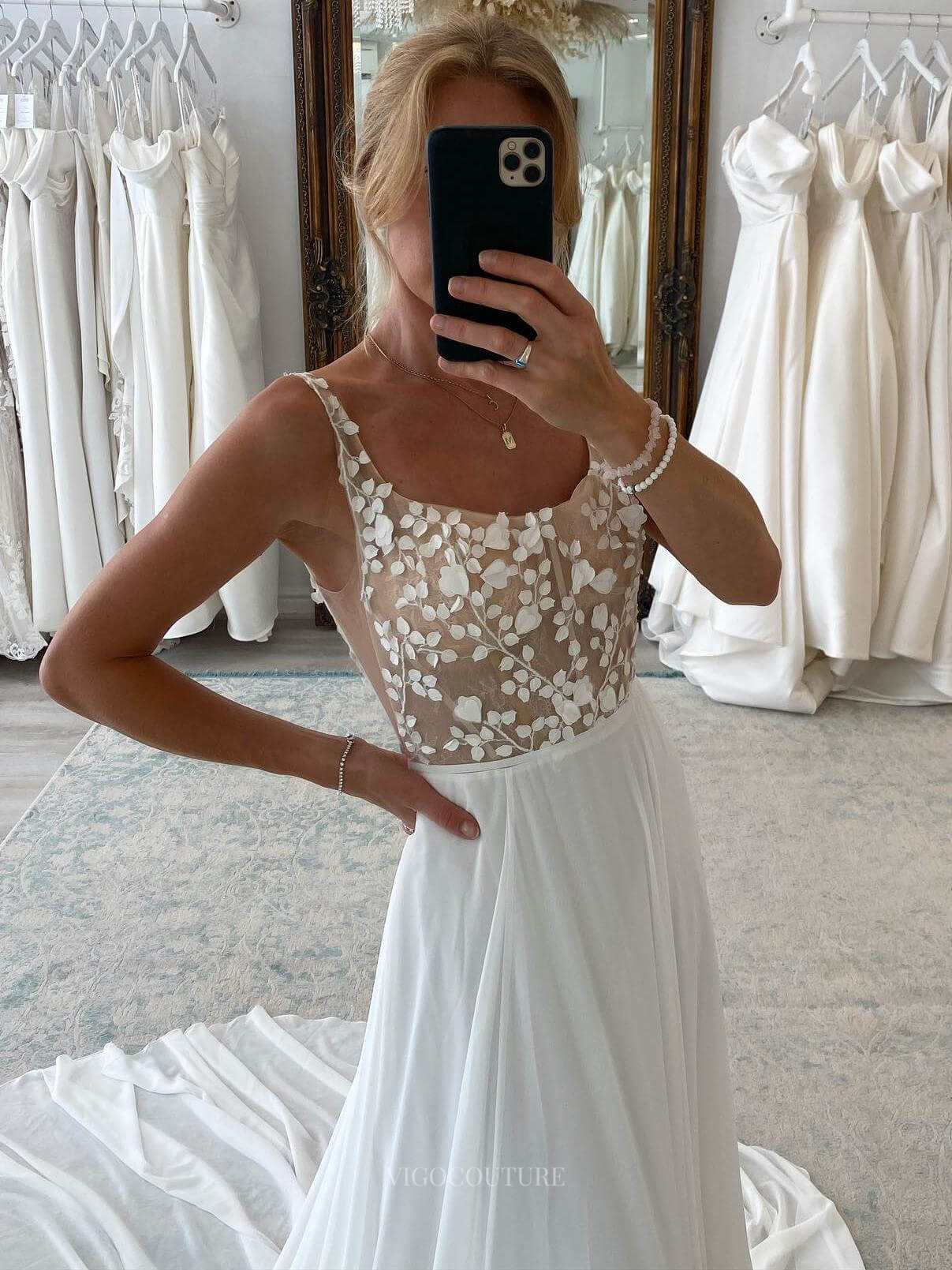 Ivory Lace Applique Chiffon Wedding Dress Open Back Country Bridal Gown W0117-Wedding Dresses-vigocouture-Ivory-US2-vigocouture