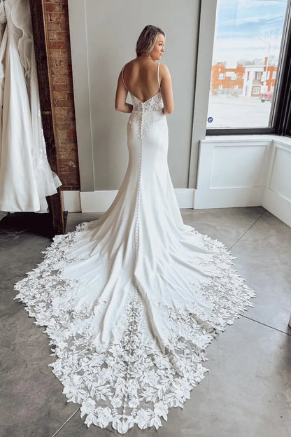 Wedding Dresses 2025 to impress Ivory Lace Appliqué Crepe Mermaid Wedding Dress with Sheer Corset Bodice, Spaghetti Straps & Cathedral Train – W2281-vigocouture-vigocouture