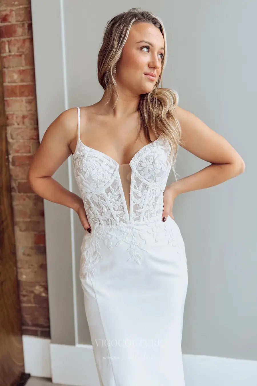 Wedding Dresses 2025 to impress Ivory Lace Appliqué Crepe Mermaid Wedding Dress with Sheer Corset Bodice, Spaghetti Straps & Cathedral Train – W2281-vigocouture-vigocouture
