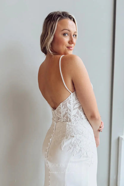 Wedding Dresses 2025 to impress Ivory Lace Appliqué Crepe Mermaid Wedding Dress with Sheer Corset Bodice, Spaghetti Straps & Cathedral Train – W2281-vigocouture-vigocouture