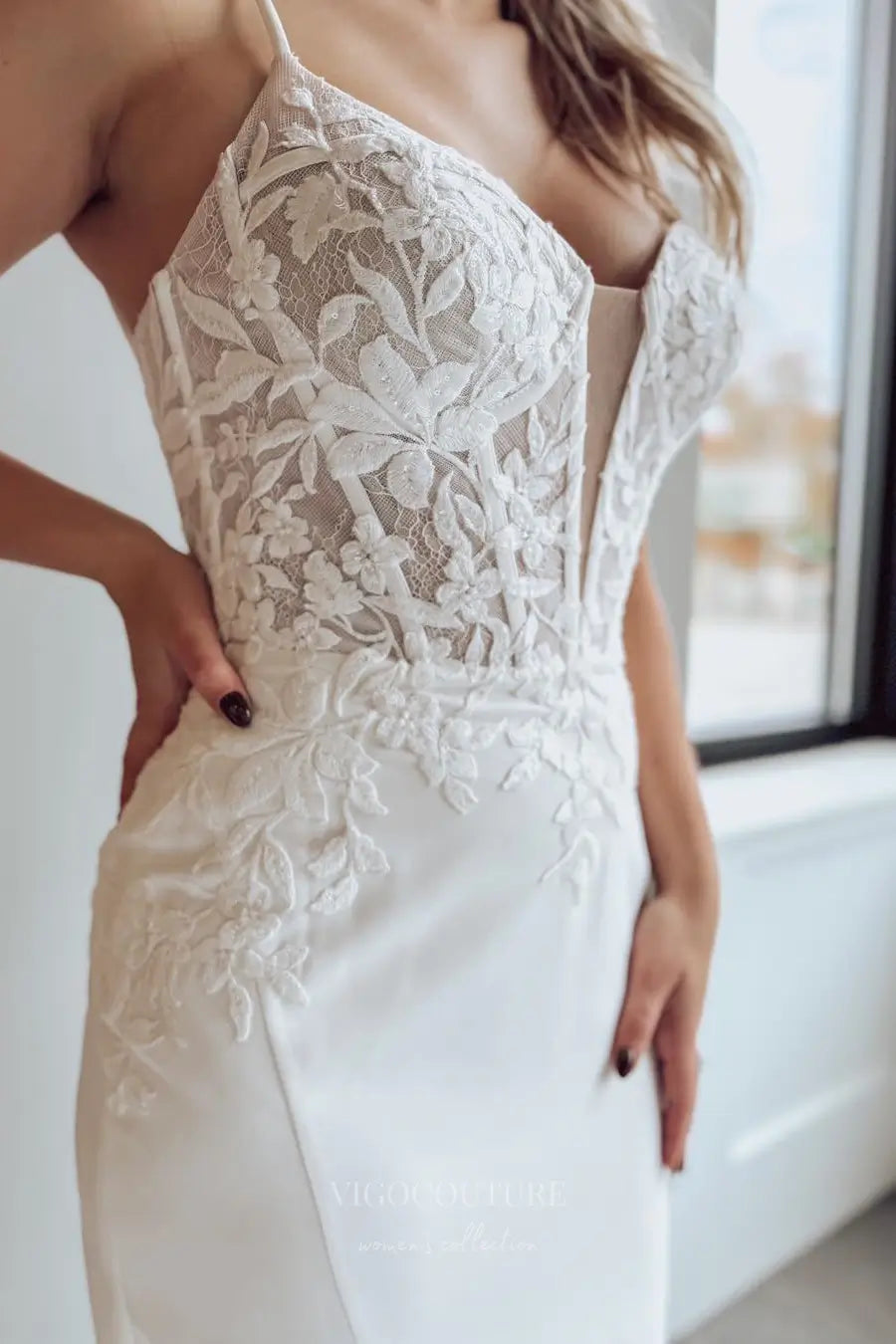 Wedding Dresses 2025 to impress Ivory Lace Appliqué Crepe Mermaid Wedding Dress with Sheer Corset Bodice, Spaghetti Straps & Cathedral Train – W2281-vigocouture-vigocouture