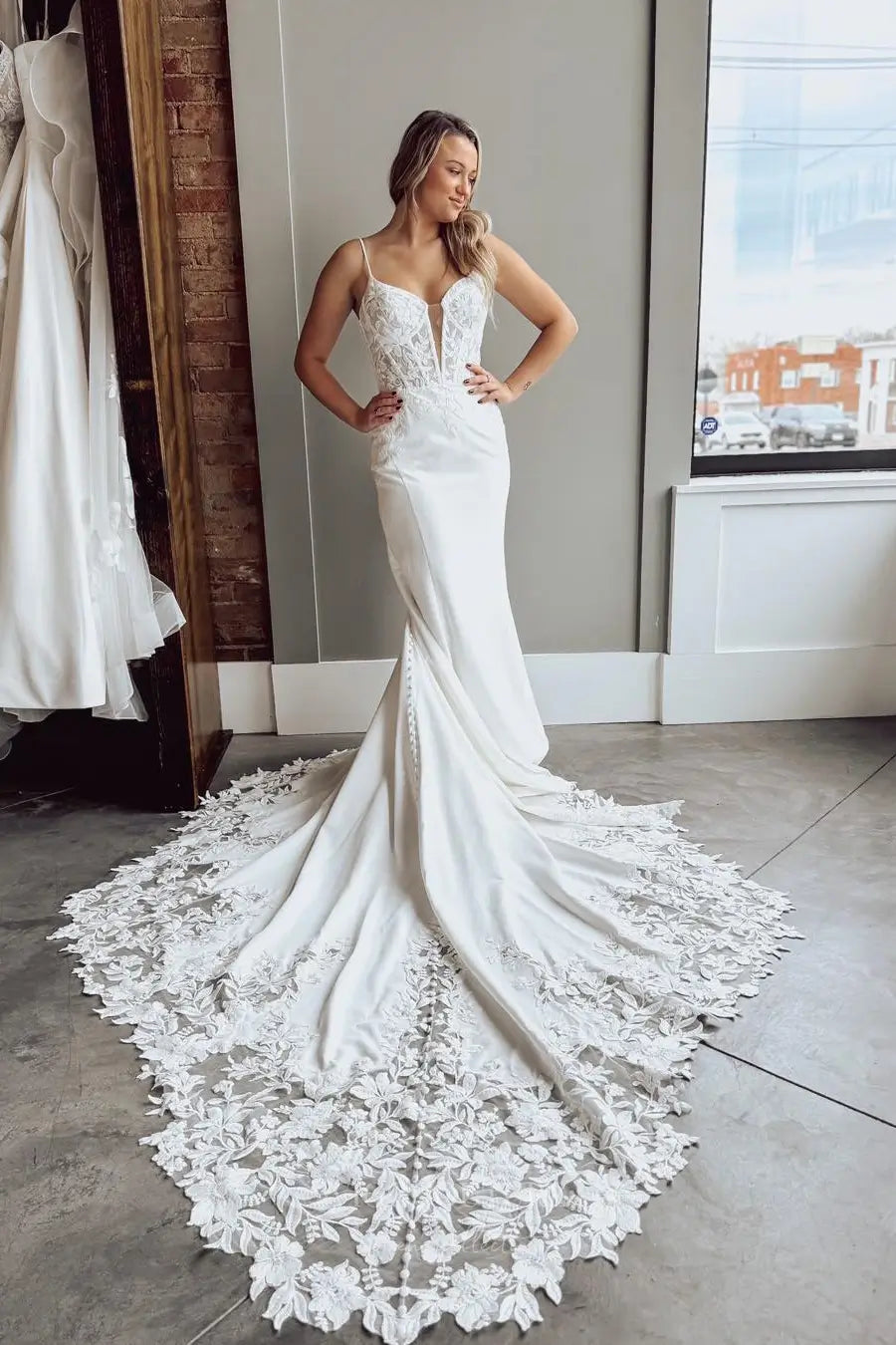 Ivory Lace Appliqué Crepe Mermaid Wedding Dress with Sheer Corset Bodice, Spaghetti Straps & Cathedral Train – W2281