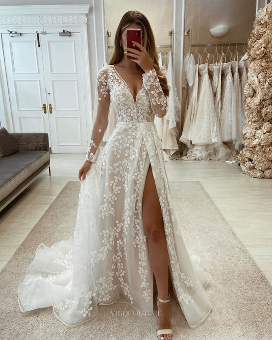 Ivory Lace Applique Long Sleeve Wedding Dress with Slit V-Neck Bridal Gown W0148-Wedding Dresses-vigocouture-Ivory-US2-vigocouture