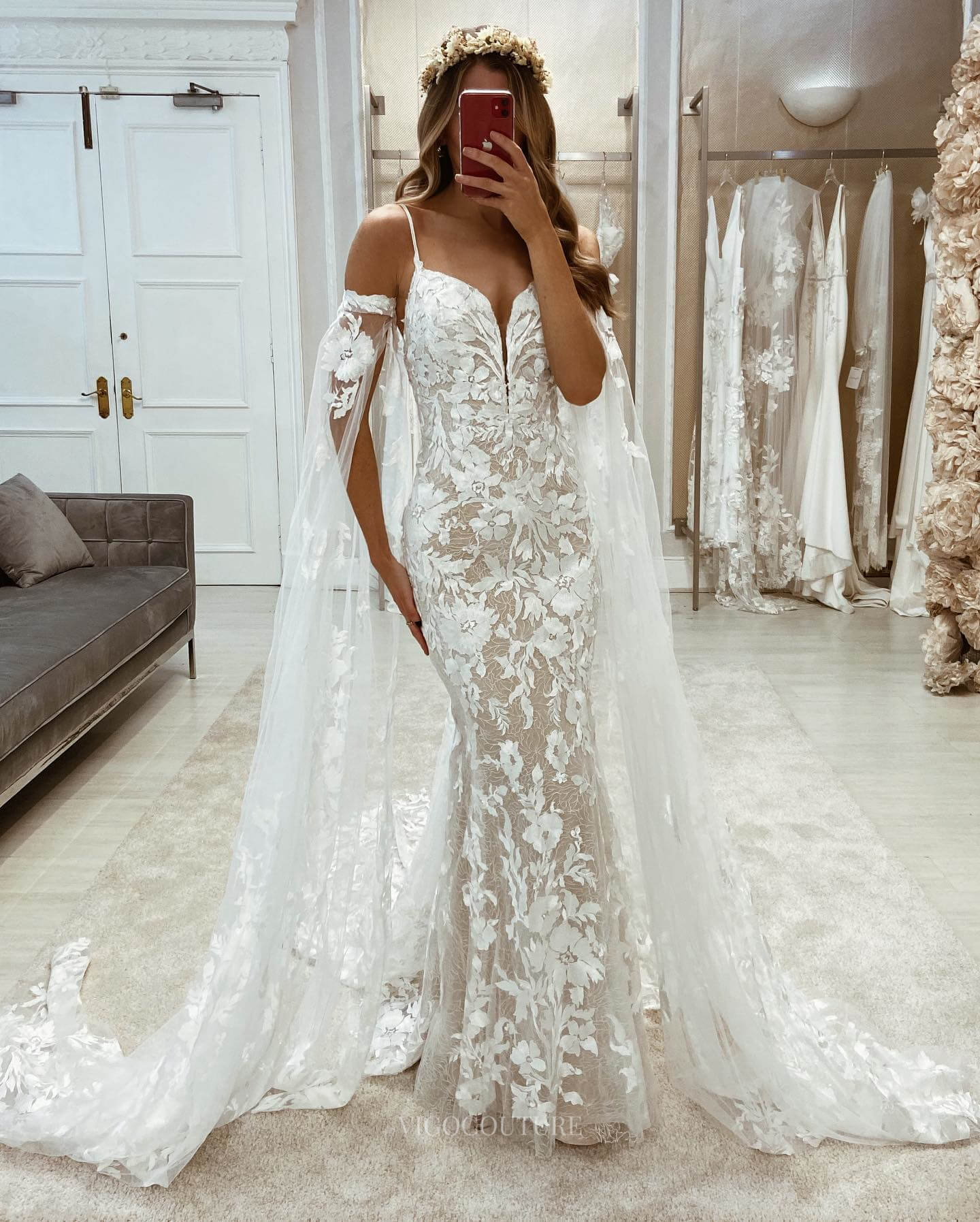 Ivory Lace Applique Mermaid Wedding Dress Extra Long Sleeve Spaghetti Strap Bridal Gown W0149-Wedding Dresses-vigocouture-Ivory-US2-vigocouture