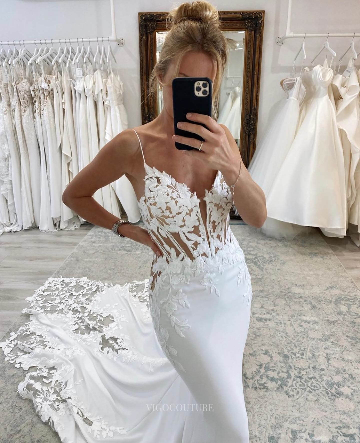 Ivory Lace Applique Mermaid Wedding Dress with Chapel Train Spaghetti Strap Bridal Gown W0112-Wedding Dresses-vigocouture-Ivory-US2-vigocouture