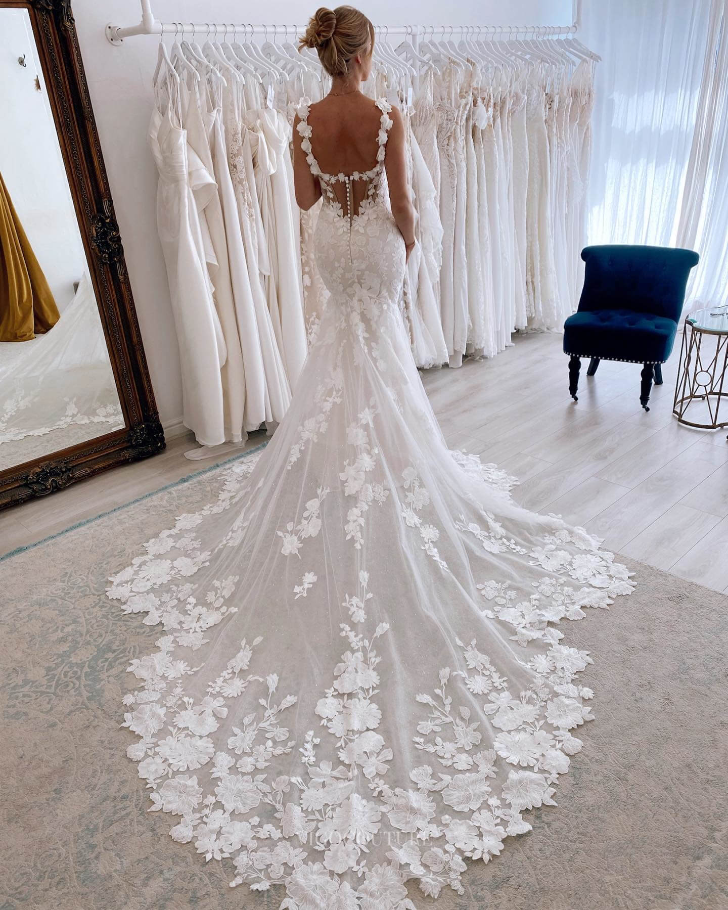 Ivory Lace Applique Mermaid Wedding Dress with Chapel Train Spaghetti Strap Bridal Gown W0120-Wedding Dresses-vigocouture-Ivory-US2-vigocouture