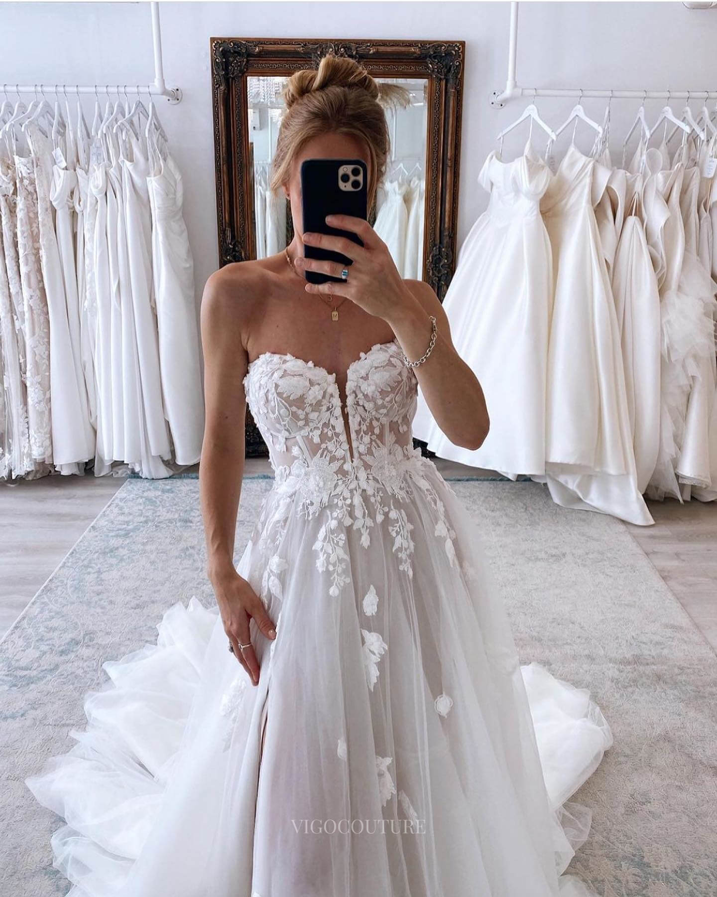 Ivory Lace Applique Wedding Dress with Slit Removable Sleeve Country Bridal Gown W0113-Wedding Dresses-vigocouture-Ivory-US2-vigocouture