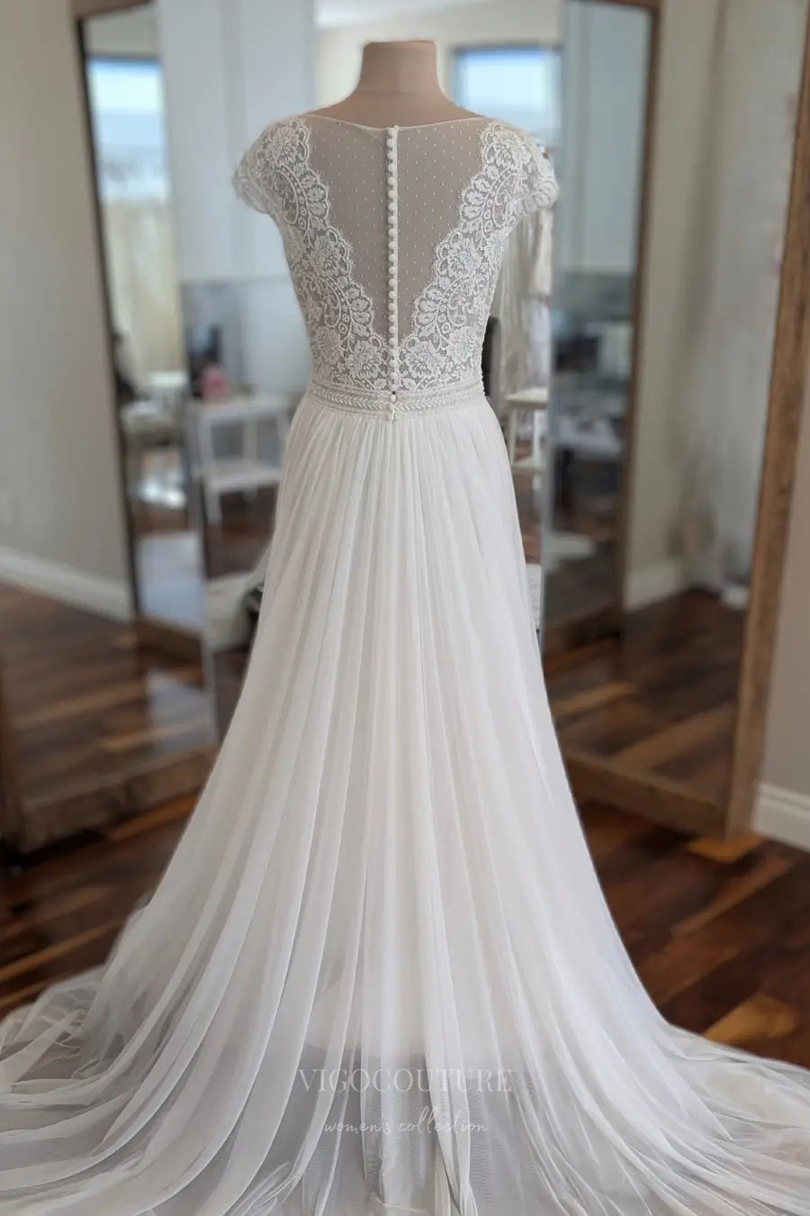 Wedding Dresses 2025 to impress Ivory Lace Chiffon A-Line Wedding Dress with Cap Sleeves, Illusion Back, V Neck & Chapel Train – W2251-vigocouture-vigocouture