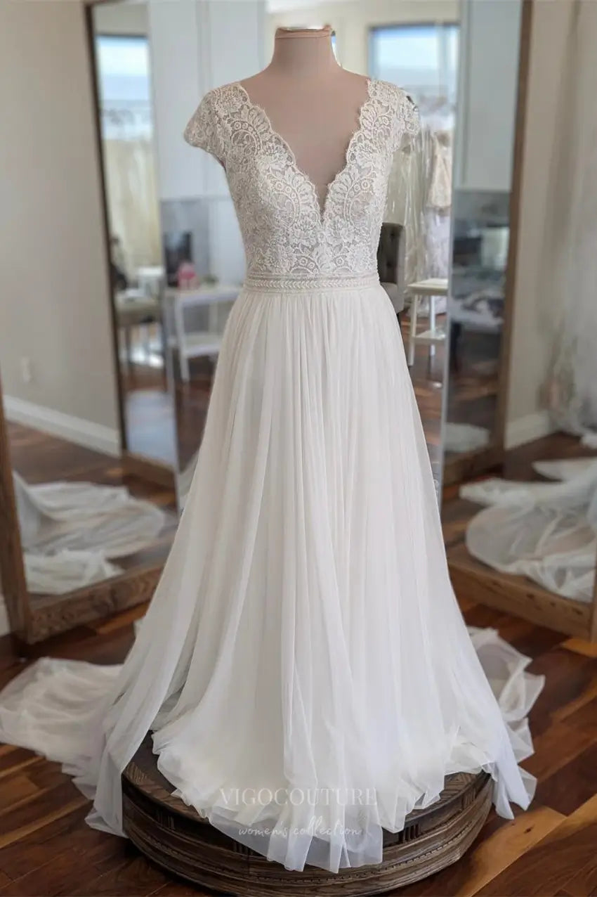 Ivory Lace Chiffon A-Line Wedding Dress with Cap Sleeves, Illusion Back, V Neck & Chapel Train – W2251