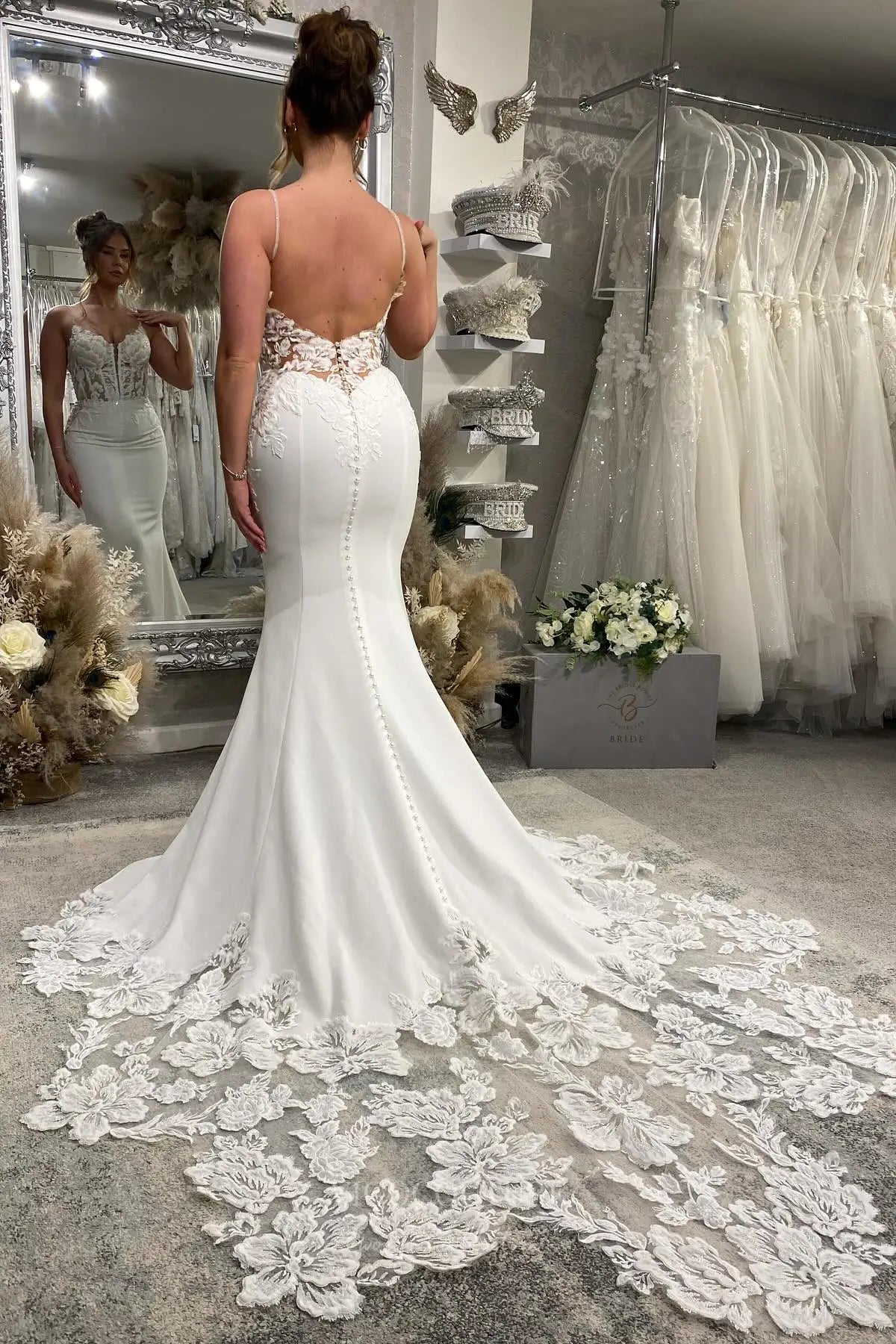 Wedding Dresses 2025 to impress Ivory Lace Crepe Mermaid Wedding Dress with Sheer Corset Bodice, Low Back, Spaghetti Straps & Chapel Train – W2282-vigocouture-vigocouture