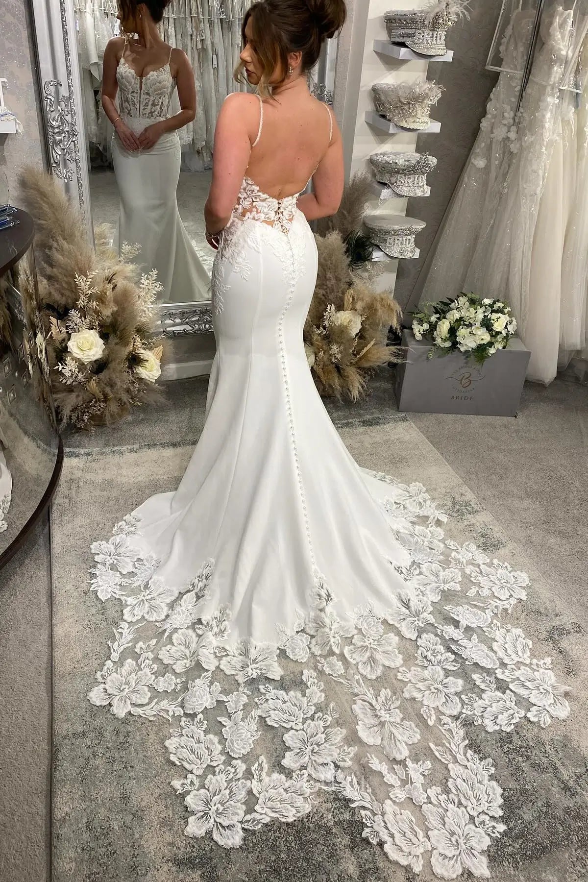 Wedding Dresses 2025 to impress Ivory Lace Crepe Mermaid Wedding Dress with Sheer Corset Bodice, Low Back, Spaghetti Straps & Chapel Train – W2282-vigocouture-vigocouture