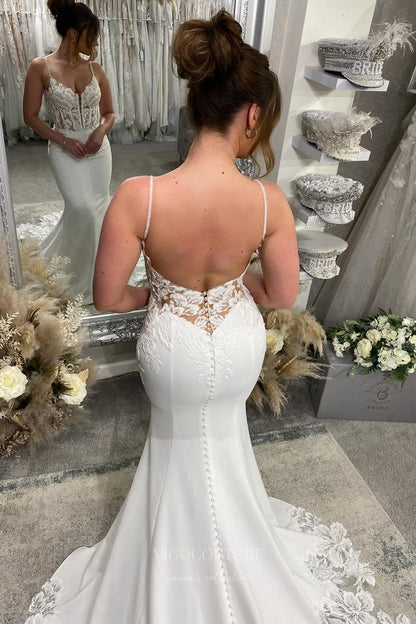 Wedding Dresses 2025 to impress Ivory Lace Crepe Mermaid Wedding Dress with Sheer Corset Bodice, Low Back, Spaghetti Straps & Chapel Train – W2282-vigocouture-vigocouture