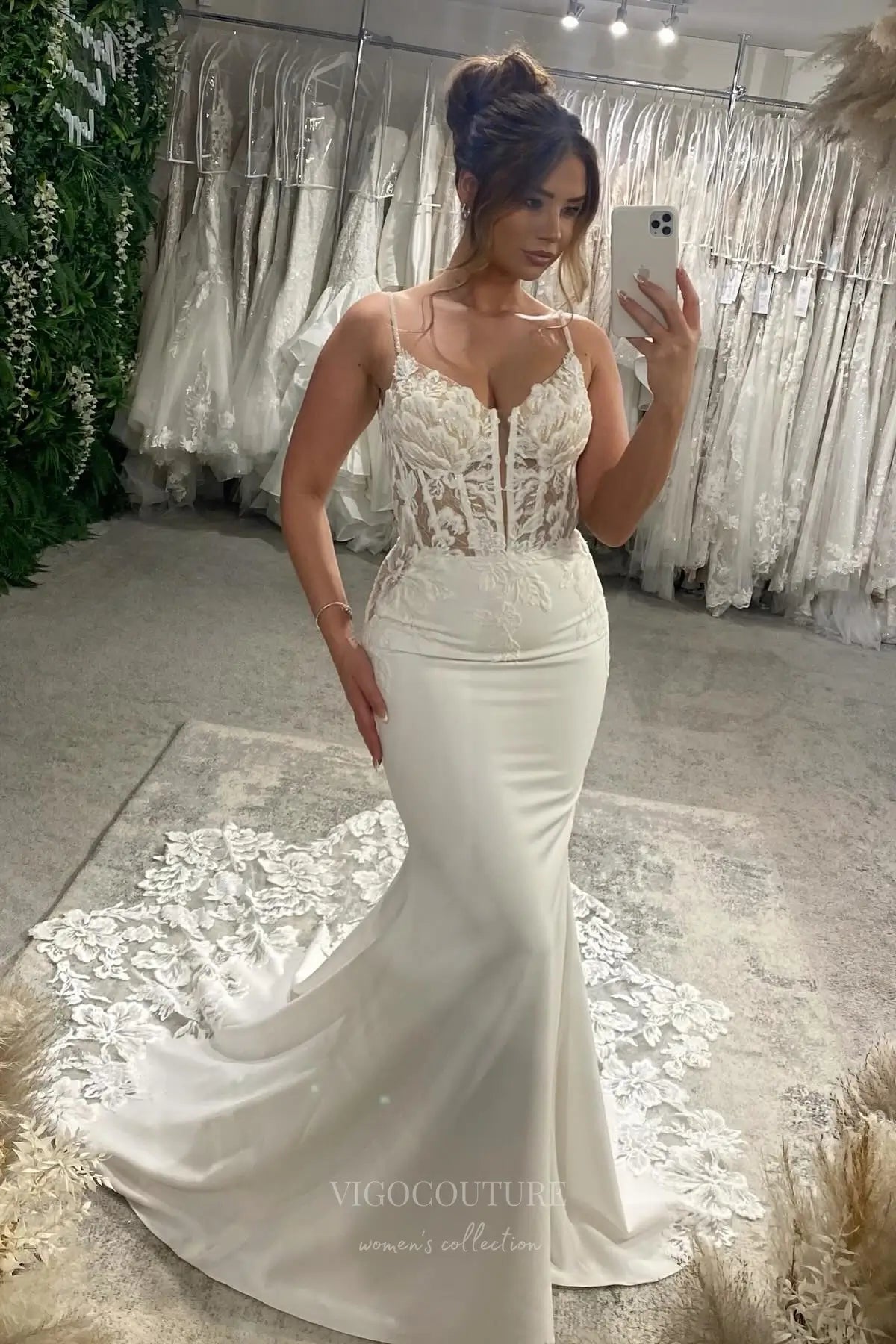 Ivory Lace Crepe Mermaid Wedding Dress with Sheer Corset Bodice, Low Back, Spaghetti Straps & Chapel Train – W2282