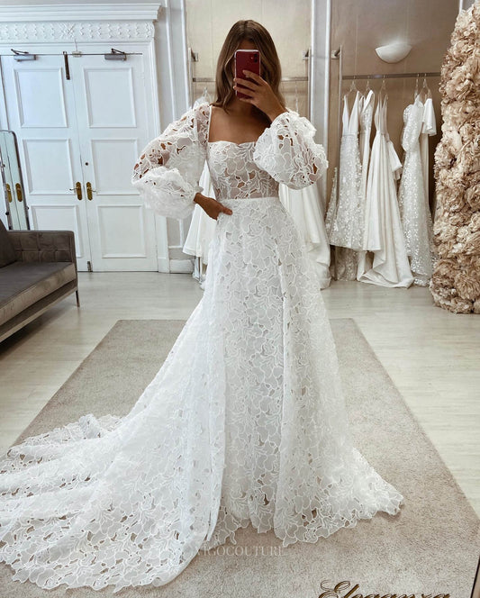 Ivory Lace Long Sleeve Wedding Dress Sheer Rustic Bridal Gown W0150-Wedding Dresses-vigocouture-Ivory-US2-vigocouture