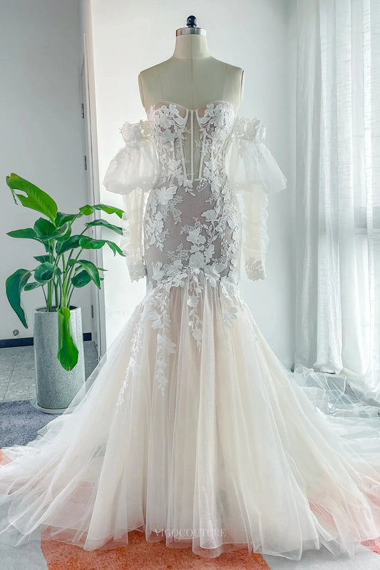 Wedding Dresses 2025 to impress Ivory Lace Mermaid Wedding Dress with Chapel Train & Removable Long Sleeve - MQ050-vigocouture-Ivory-Custom Size-vigocouture