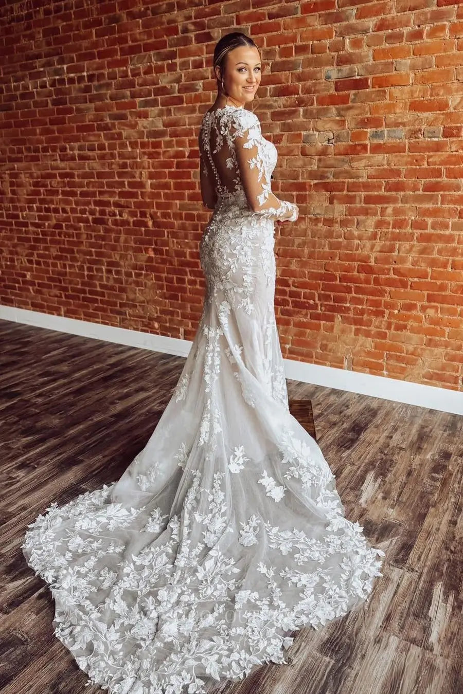 Wedding Dresses 2025 to impress Ivory Lace Mermaid Wedding Dress with Illusion Long Sleeves, Sheer Back & Chapel Train – W2289-vigocouture-vigocouture