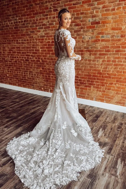 Wedding Dresses 2025 to impress Ivory Lace Mermaid Wedding Dress with Illusion Long Sleeves, Sheer Back & Chapel Train – W2289-vigocouture-vigocouture