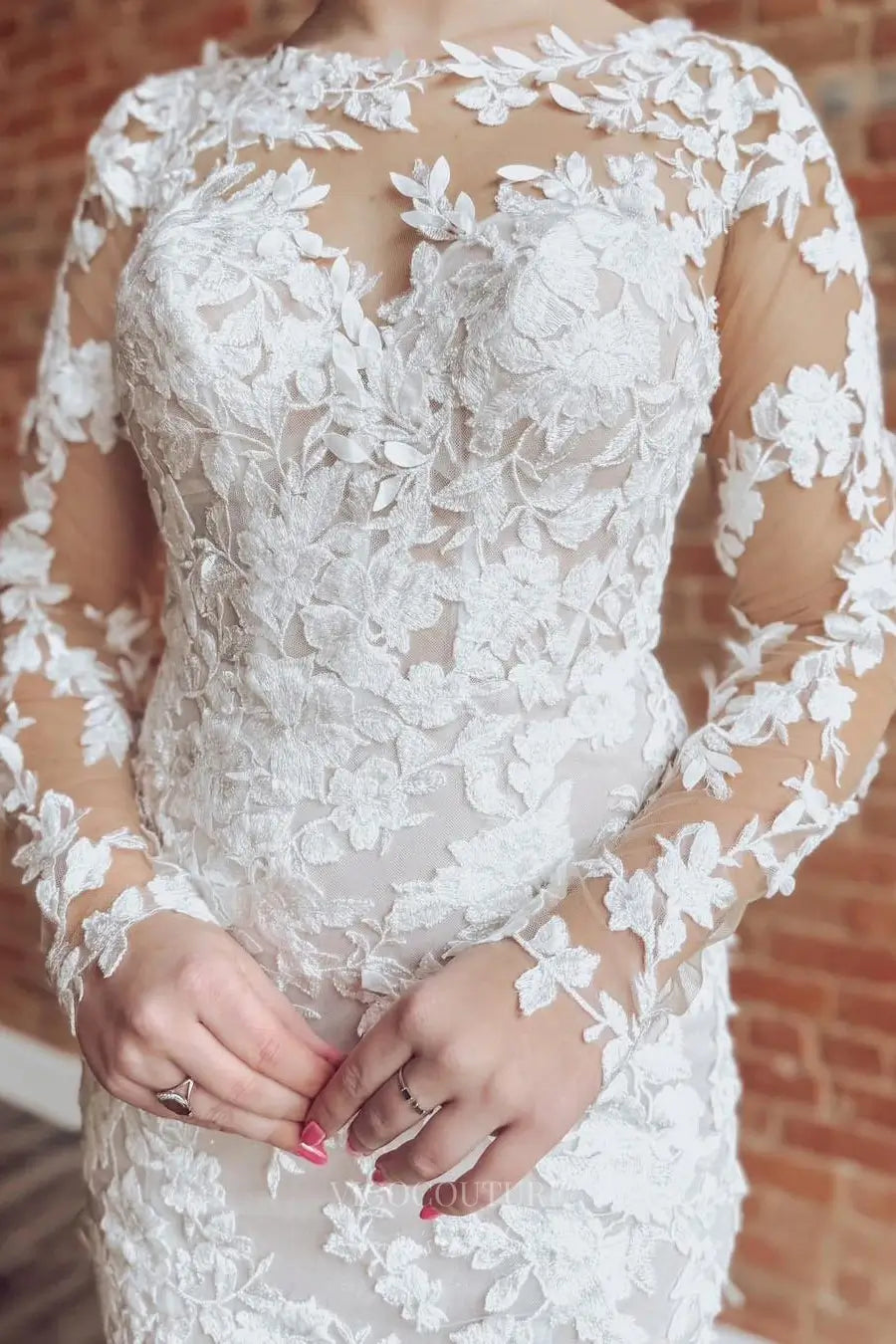 Wedding Dresses 2025 to impress Ivory Lace Mermaid Wedding Dress with Illusion Long Sleeves, Sheer Back & Chapel Train – W2289-vigocouture-vigocouture