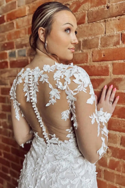 Wedding Dresses 2025 to impress Ivory Lace Mermaid Wedding Dress with Illusion Long Sleeves, Sheer Back & Chapel Train – W2289-vigocouture-vigocouture