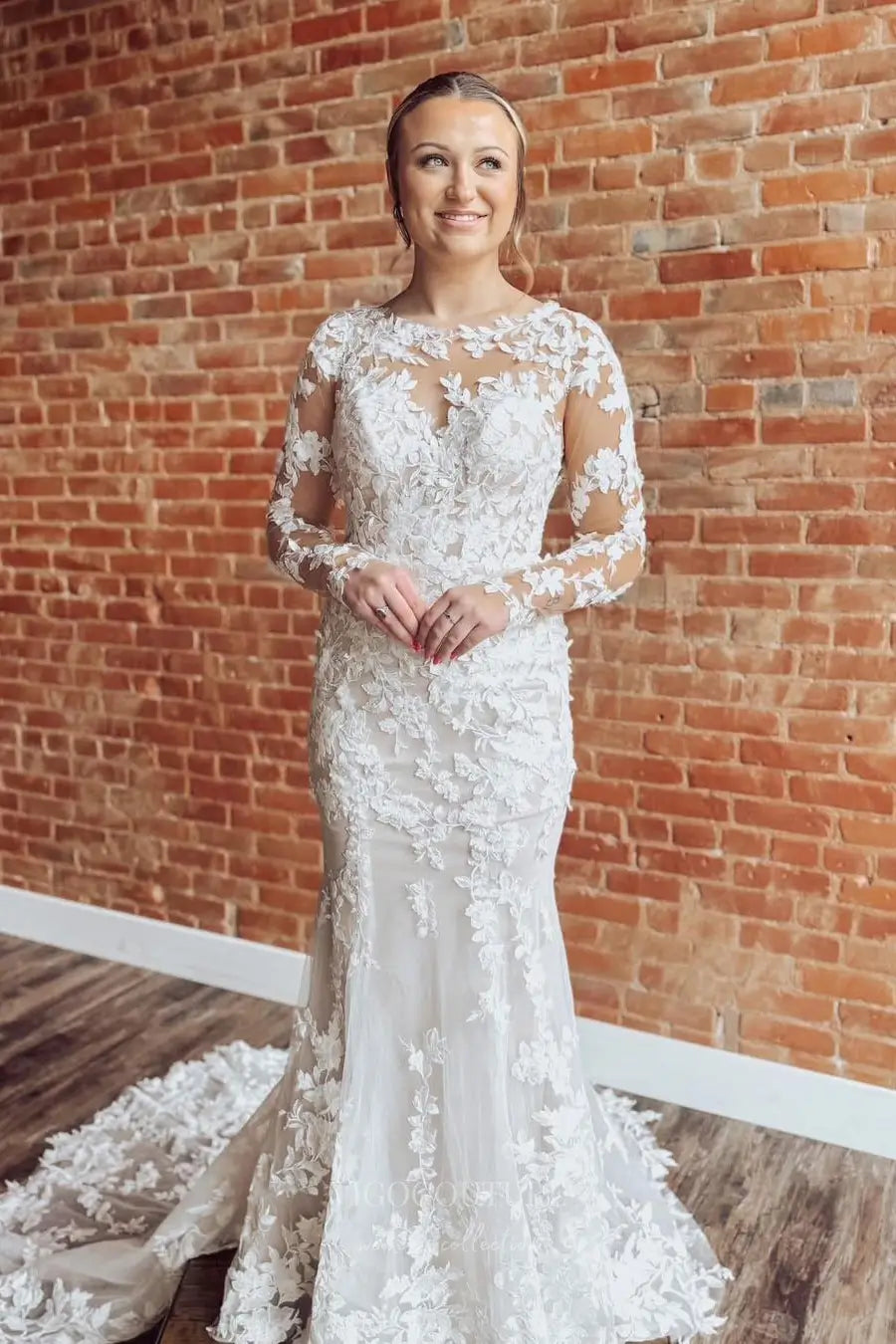 Ivory Lace Mermaid Wedding Dress with Illusion Long Sleeves, Sheer Back & Chapel Train – W2289
