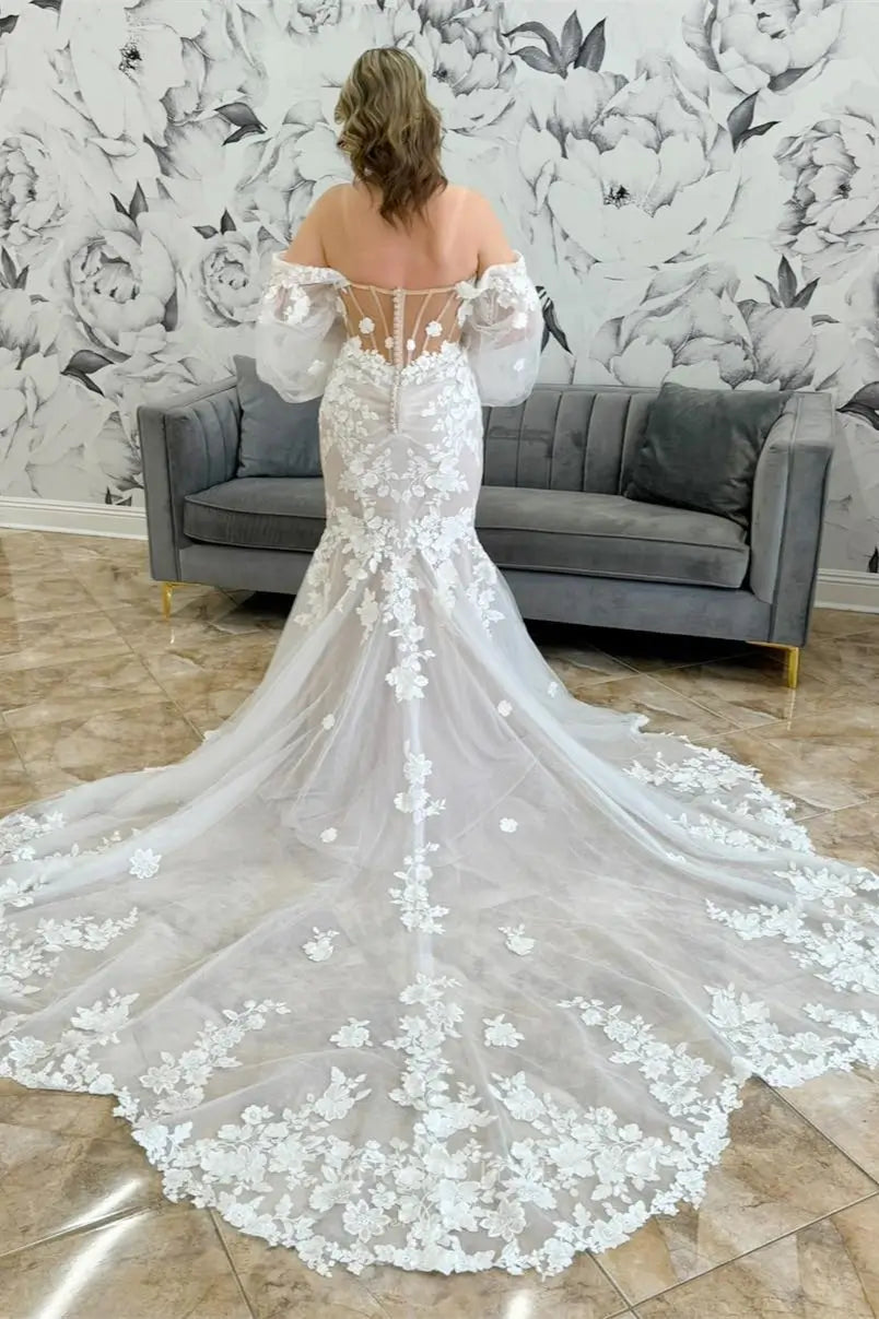 Ivory Off-Shoulder Lace Mermaid Wedding Dress with Cathedral Train – W2268 Ivory / US14