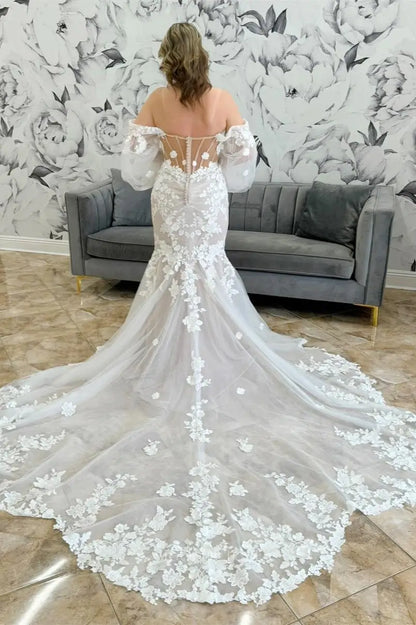 Wedding Dresses 2025 to impress Ivory Lace Mermaid Wedding Dress with Off-Shoulder Sweetheart Neckline, Sheer Corset Back, Detachable Puff Sleeves & Cathedral Train – W2268-vigocouture-vigocouture