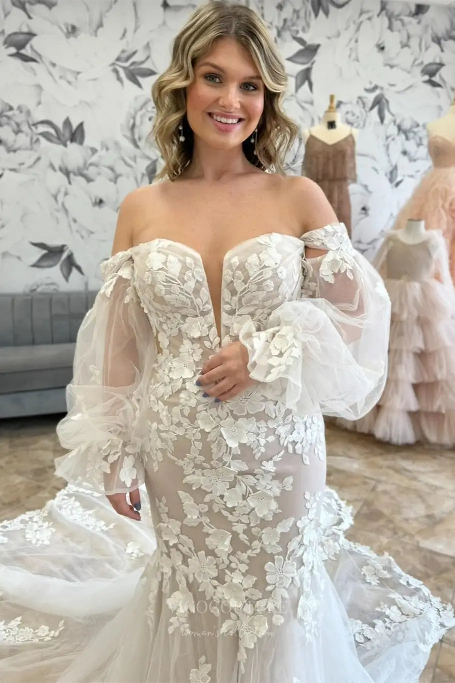 chinese dress ladies Ivory Off-Shoulder Lace Mermaid Wedding Dress with Cathedral Train – W2268 Ivory / US14