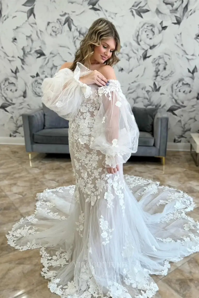 Ivory Off-Shoulder Lace Mermaid Wedding Dress with Cathedral Train – W2268 – vigocouture