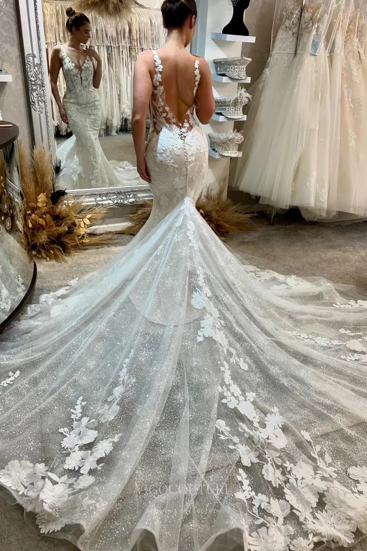 Ivory Lace Mermaid Wedding Dress with Plunging Neckline, Illusion Back, Sparkly Cathedral Train – W2267