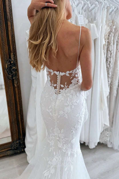Wedding Dresses 2025 to impress Ivory Lace Mermaid Wedding Dress with Plunging V-Neckline, Spaghetti Straps, Illusion Back & Chapel Train – W2274-vigocouture-vigocouture