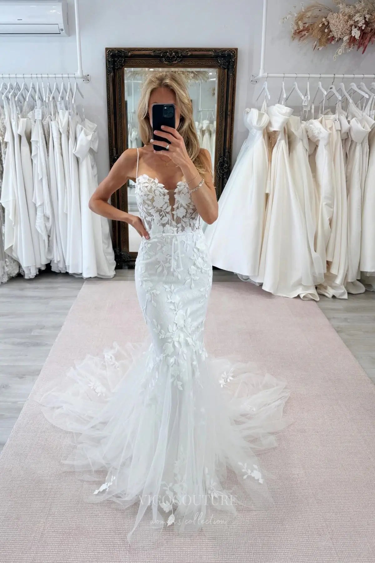 Ivory Lace Mermaid Wedding Dress with Plunging V-Neckline, Spaghetti Straps, Illusion Back & Chapel Train – W2274